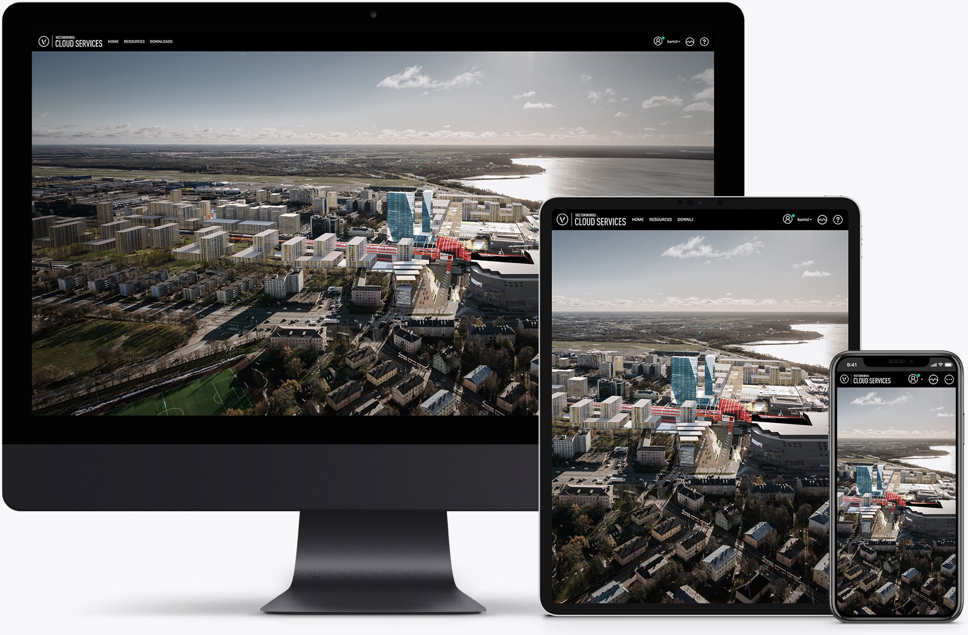 A trio of devices running Vectorworks Cloud Services