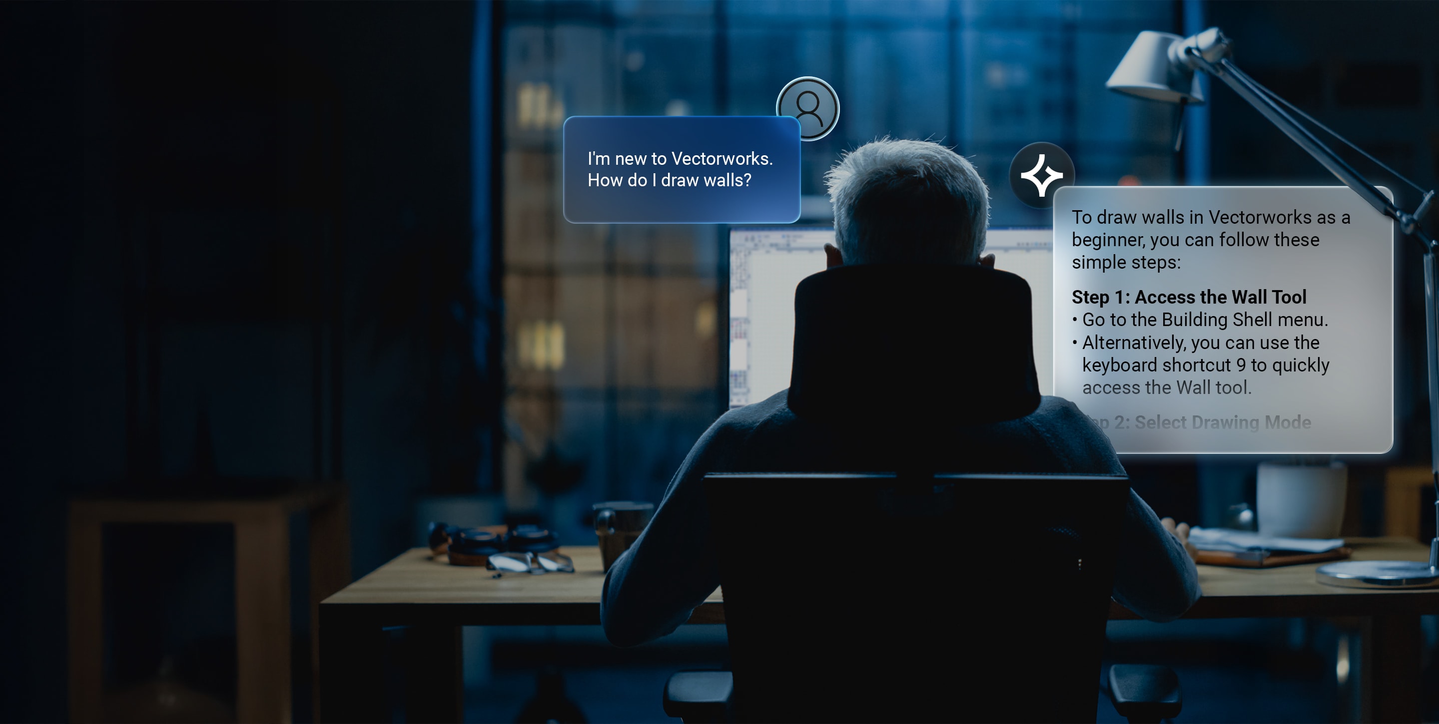 Designer in a studio using the Vectorworks AI Assistant
