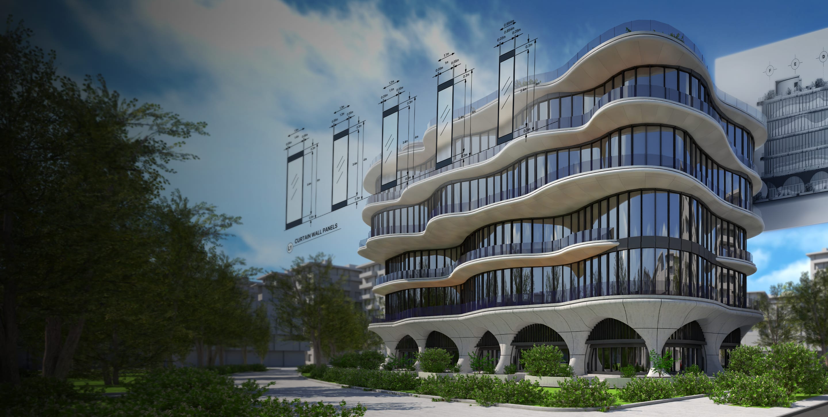 A BIM model of a mixed-use building, sectioned to reveal structural components and spatial organisation using Vectorworks Architect.