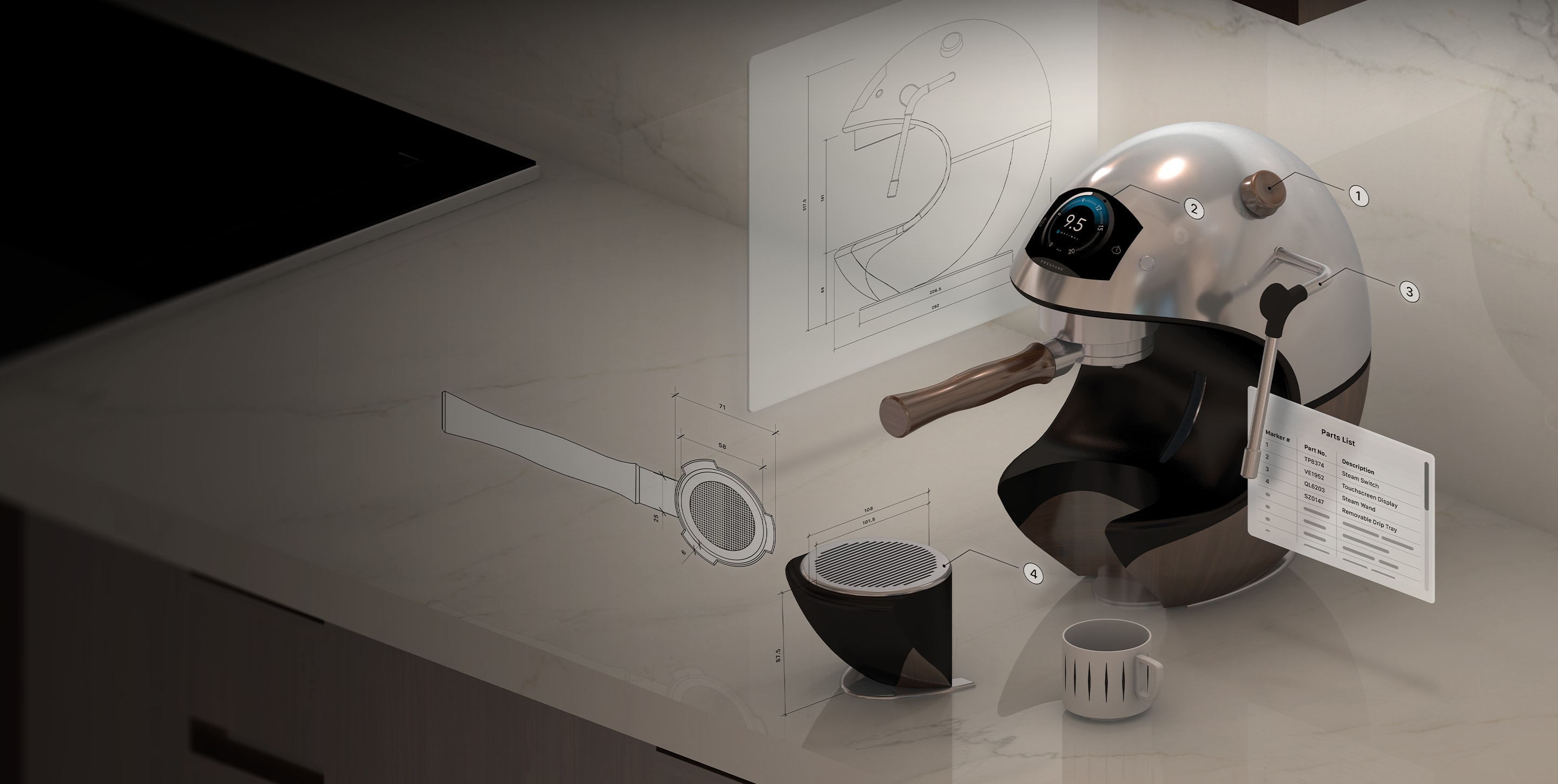 Vectorworks Fundamentalsの3Dモデリングツール、回転軸を備えたモダンな木製ターンテーブル。