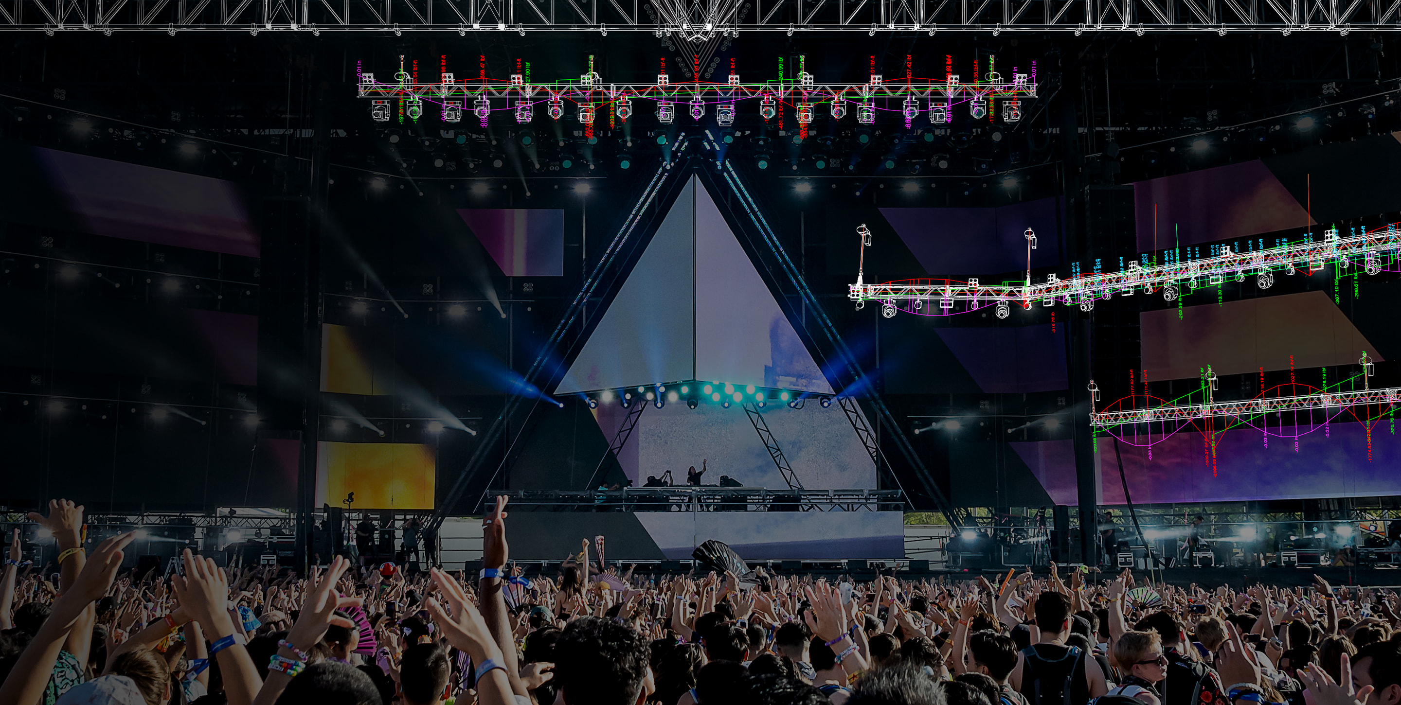 Large outdoor concert stage with rig overlay and load analysis within Braceworks, a product of Vectorworks.
