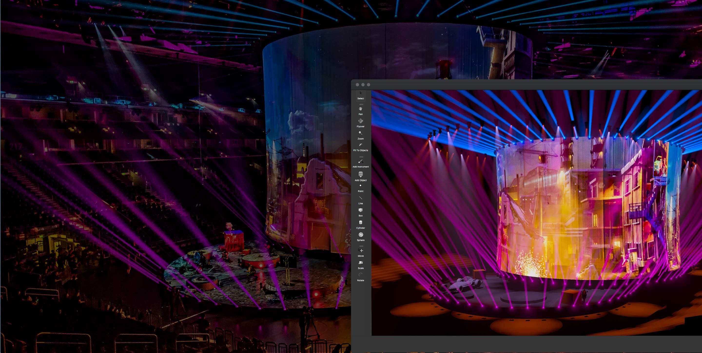 Arena stage with lighting effects and digital lighting pre-visualization using Vision, a product of Vectorworks.