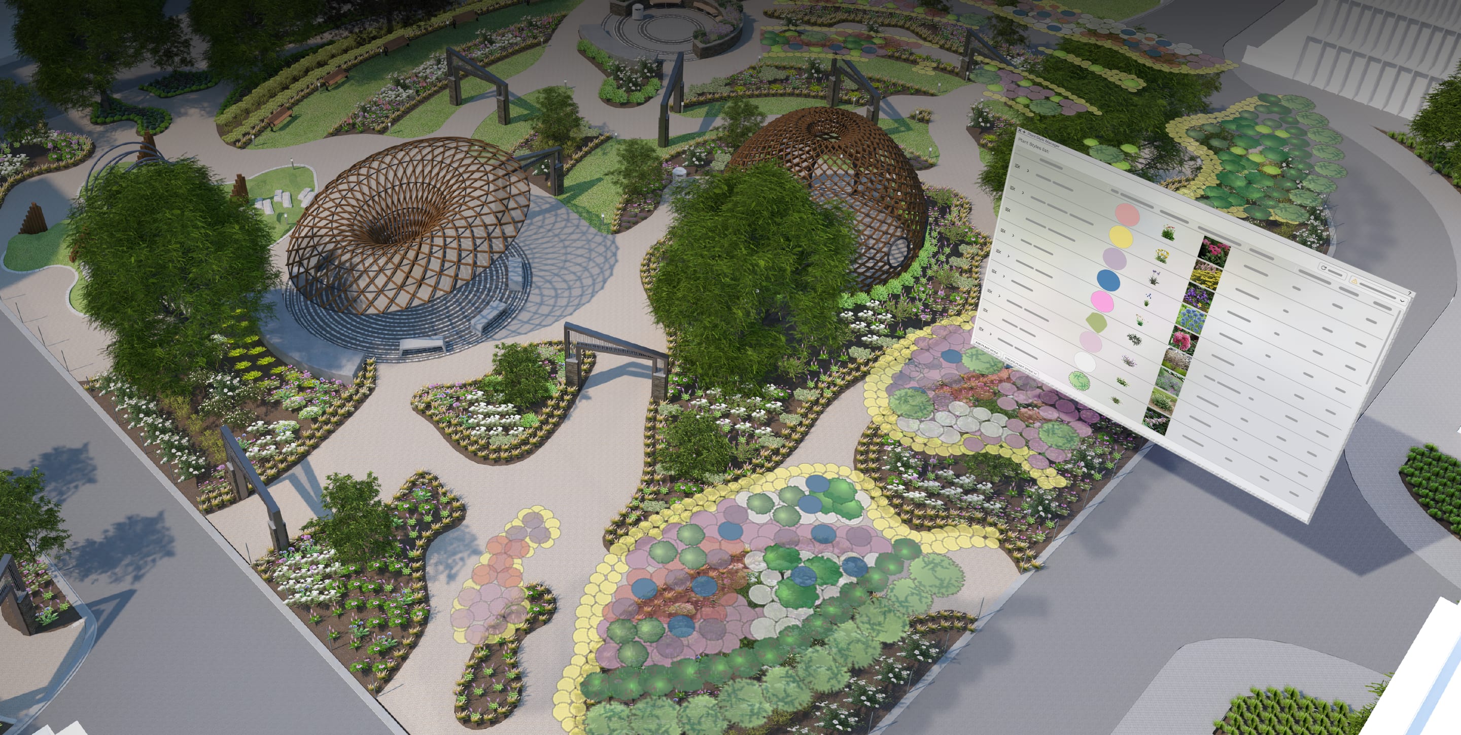 色分けされた建物、樹木、データをVectorworks Landmarkで視覚化した3D敷地図。