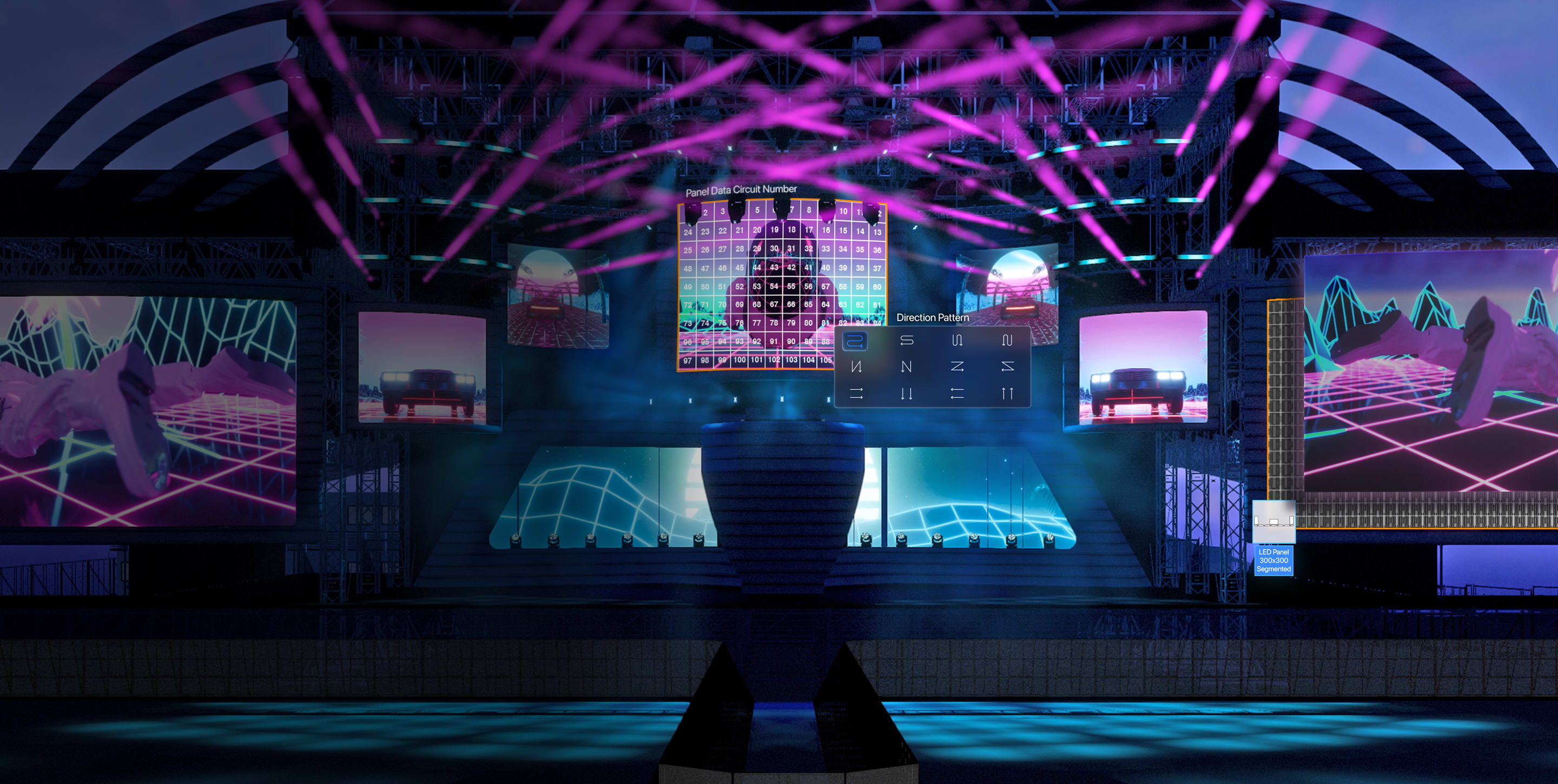 紫色の照明効果を備えたコンサートステージと、Vectorworks Spotlight内の大型DMXレコーディングインターフェース。