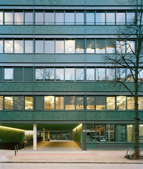 facade of lh architekten's timber office project, photographed by Dorfmueller Klier