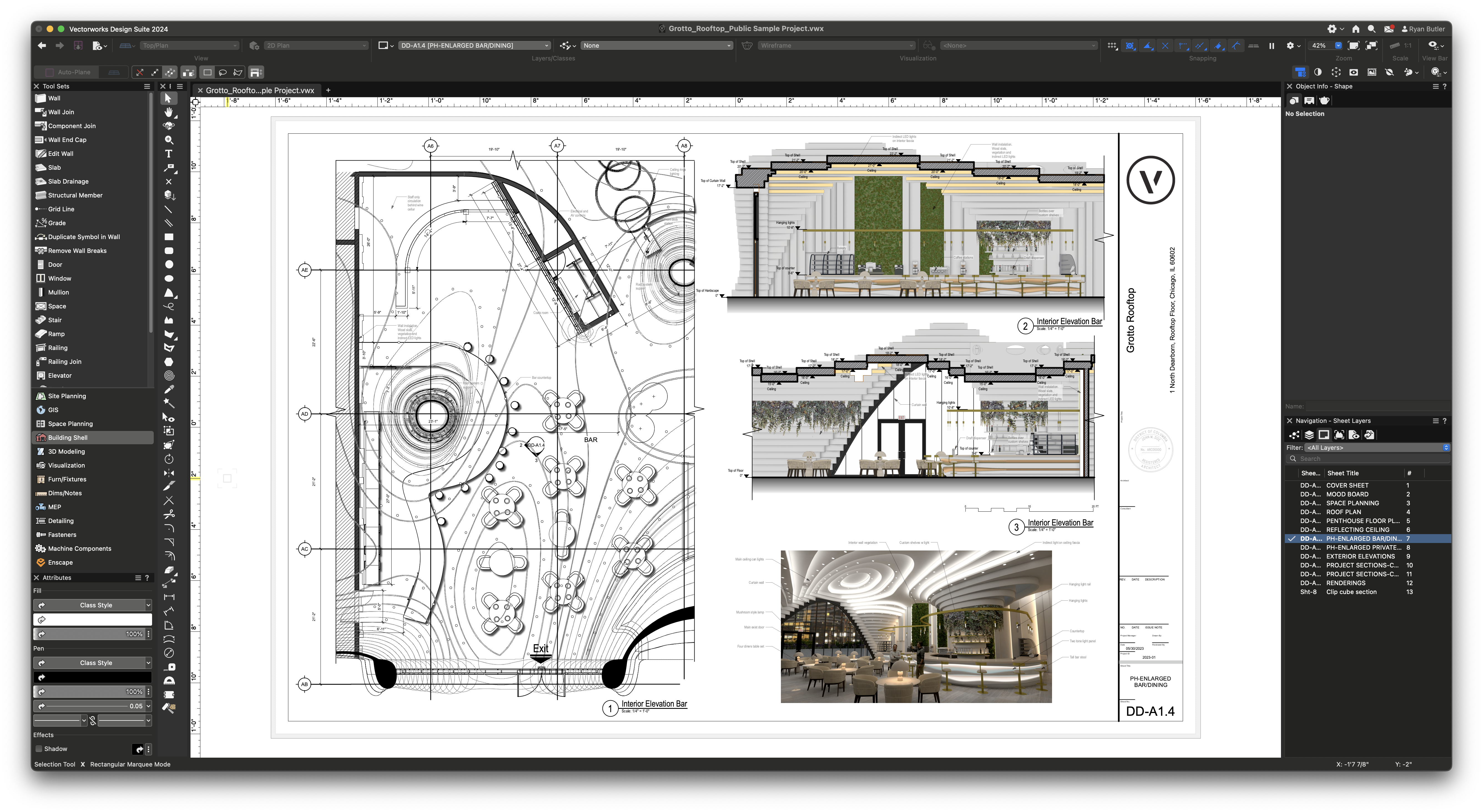 An architectural plan with interior elevations in Vectorworks software.