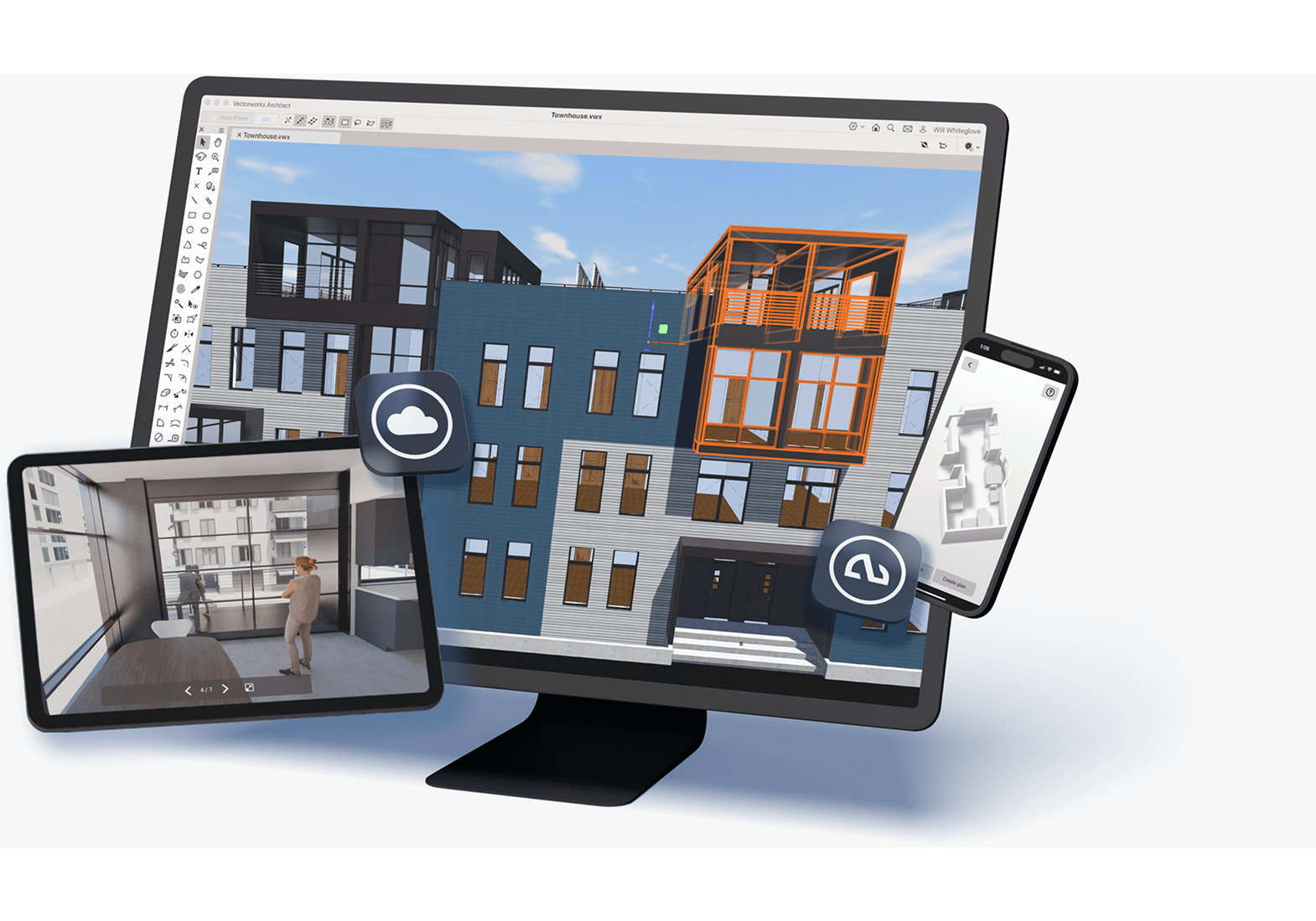 Vectorworks design software with a 3D building model, floor plan, and interior visualisation