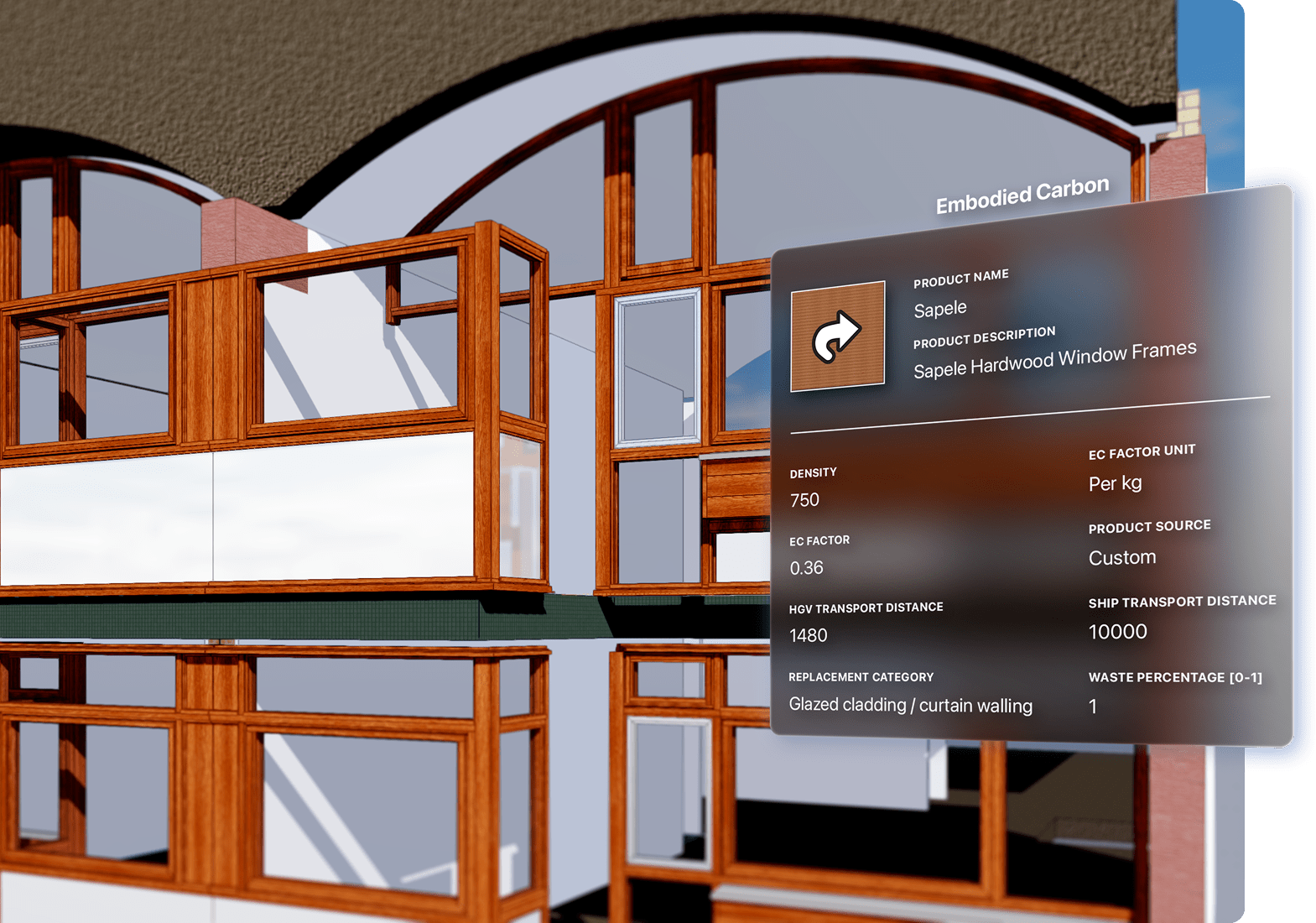 3D architectural rendering of a building facade with large wooden-framed windows and an overlaid data panel displaying embodied carbon information for Sapele hardwood window frames
