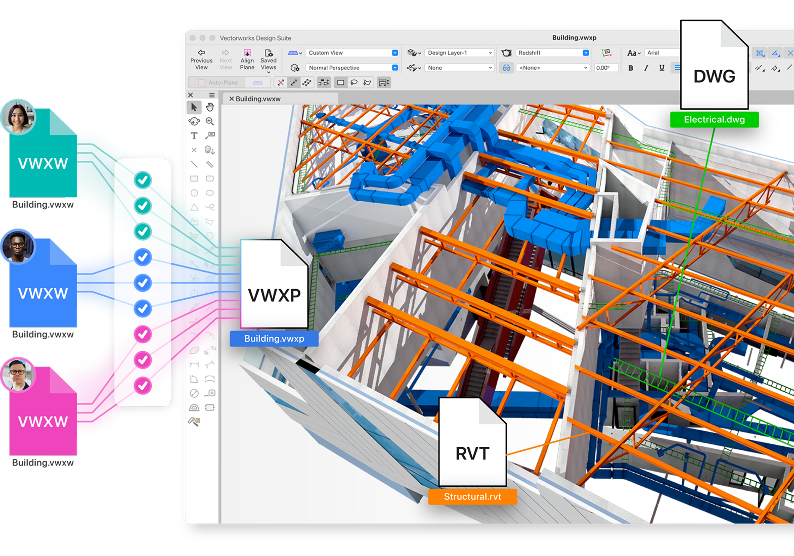 Screenshot of Vectorworks Design Suite with a 3D building model and various file type icons.