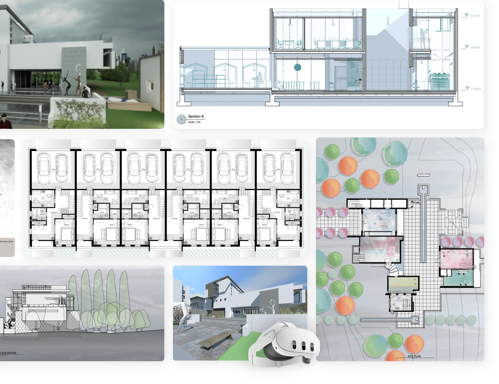Collage of architectural renderings, floor plans, building sections, site plan, and a VR headset.