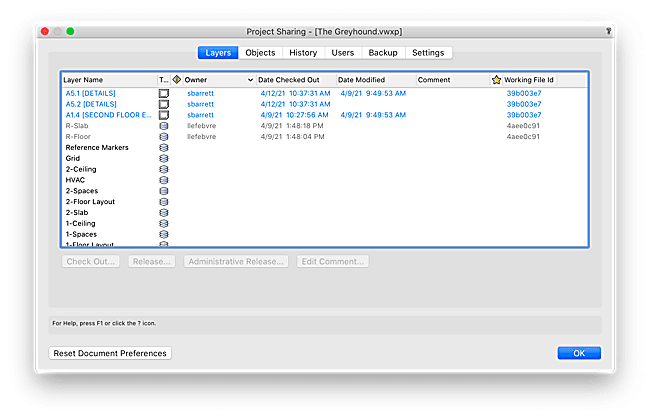 The Laters tab in the Vectorworks Project Sharing dialog box
