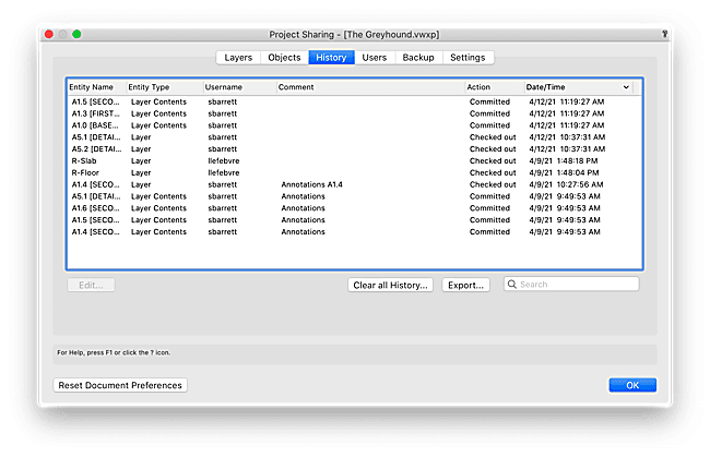 The History tab in the Project Sharing Dialog box.