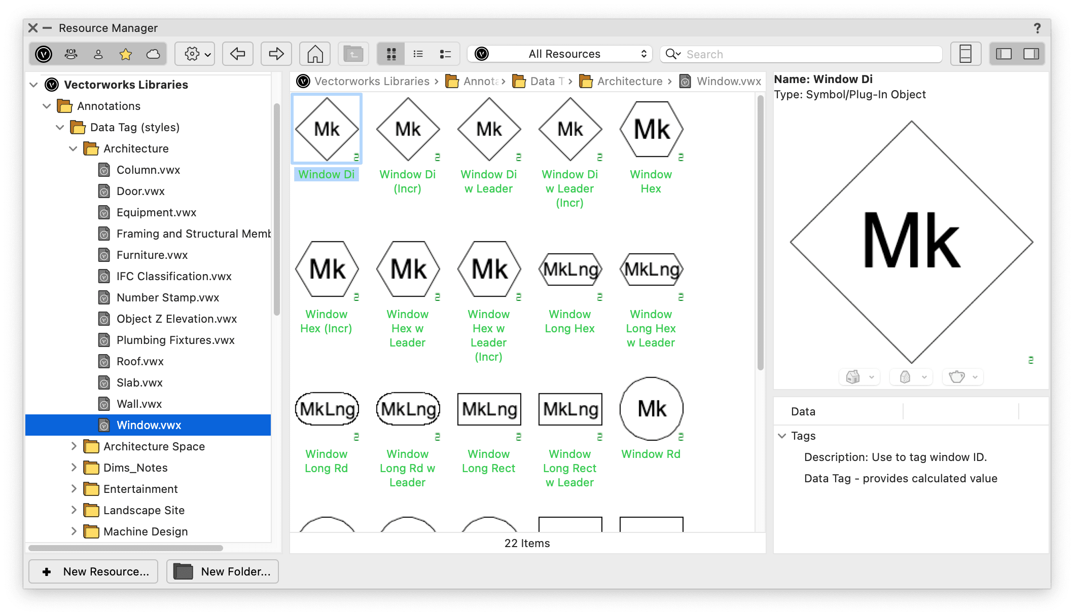 Default data tag content in Vectorworks.