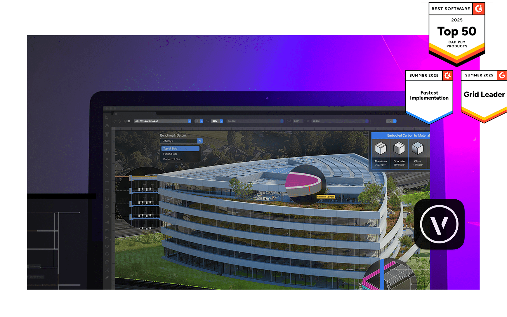 Laptop displaying Vectorworks software with a 3D building model, surrounded by award badges for "Top 50 CAD BIM Products," "Fastest Implementation," and "Grid Leader,"