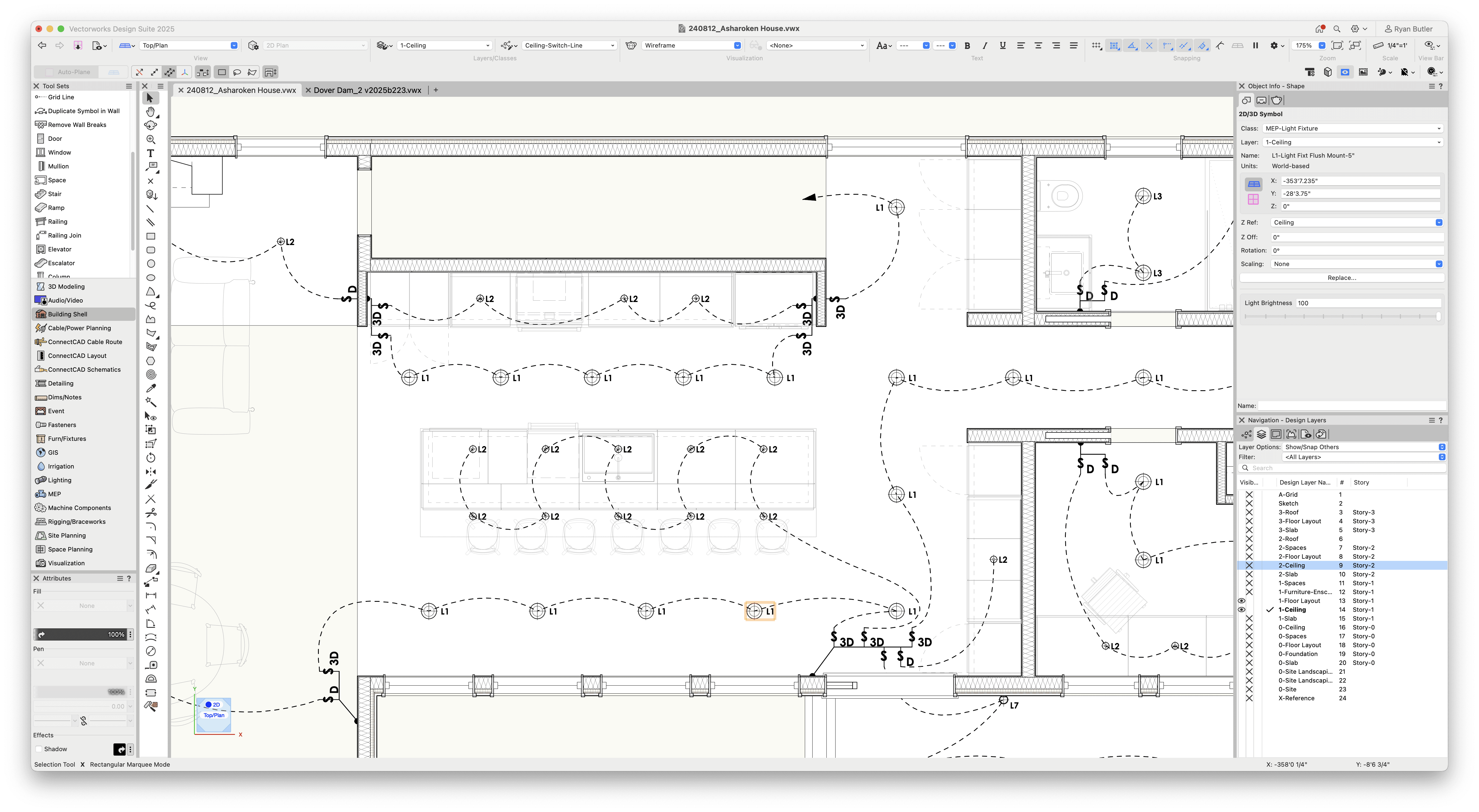 reflected ceiling plan made with Vectorworks with switch lines